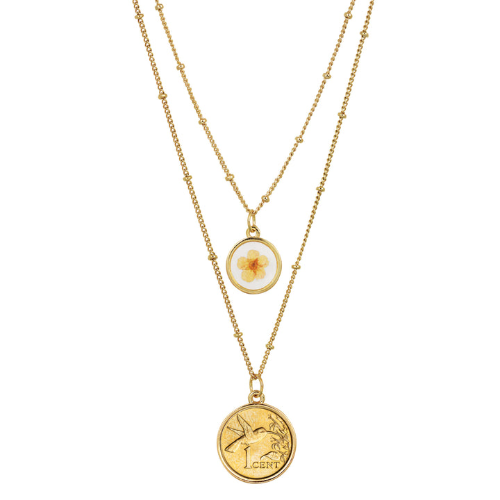 Gold Plated Hummingbird Coin With Dry Flower Double Chain Necklace Image 1