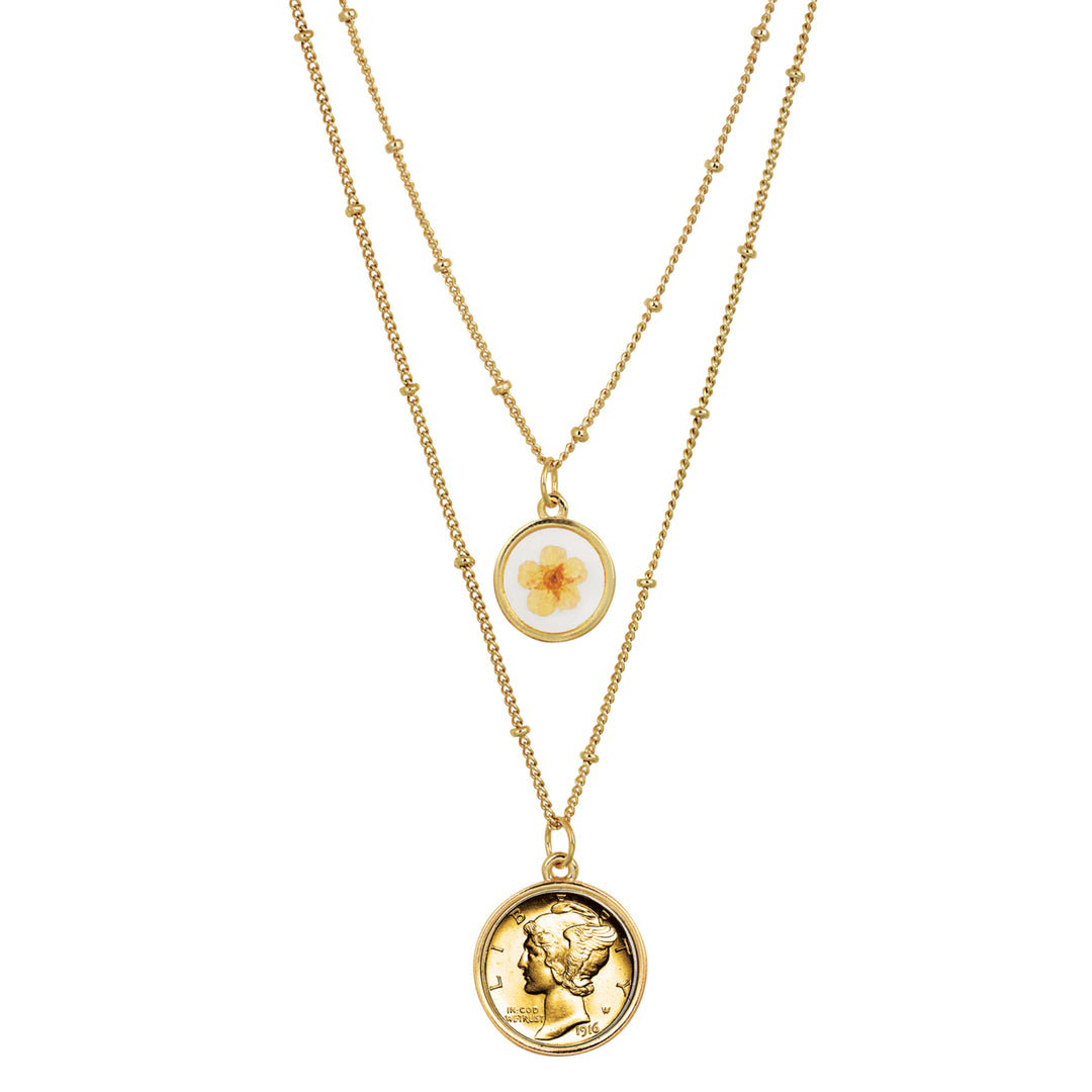 Gold Plated Mercury Dime Coin With Dry Flower Double Chain Necklace Image 1