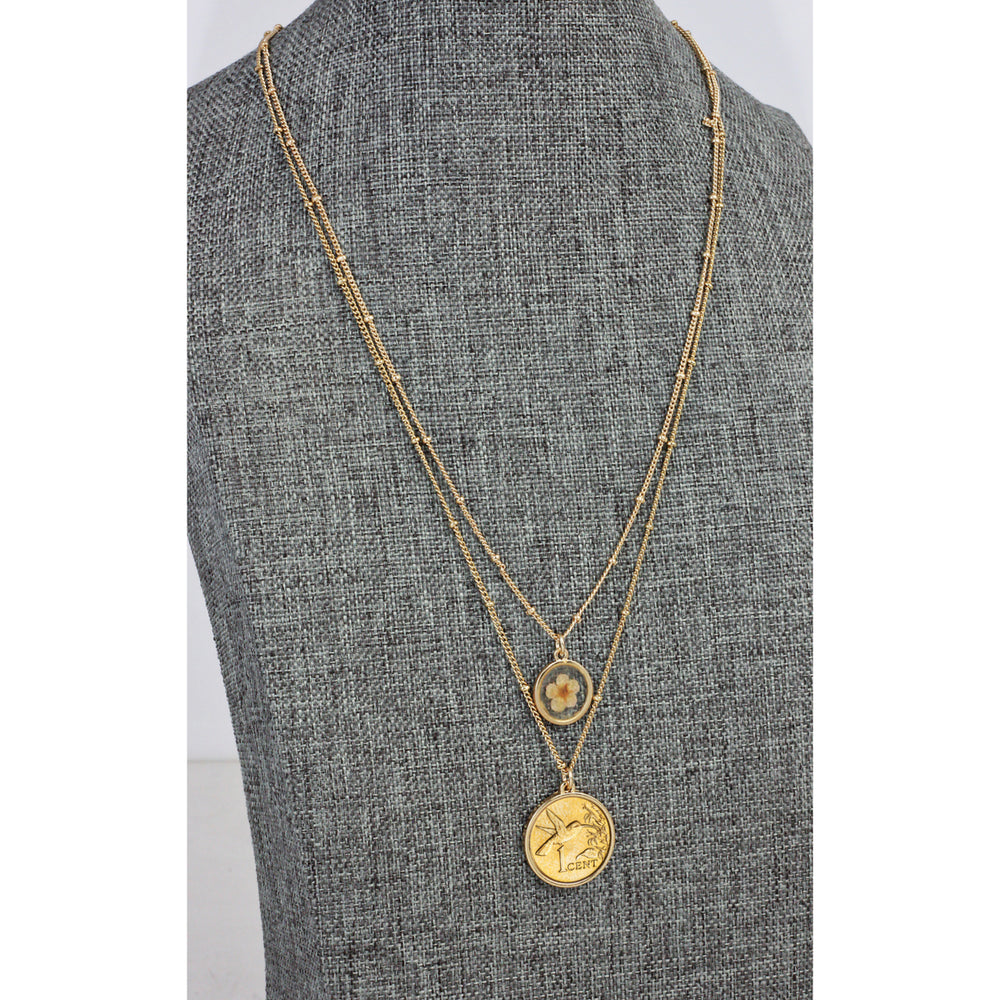 Gold Plated Hummingbird Coin With Dry Flower Double Chain Necklace Image 2