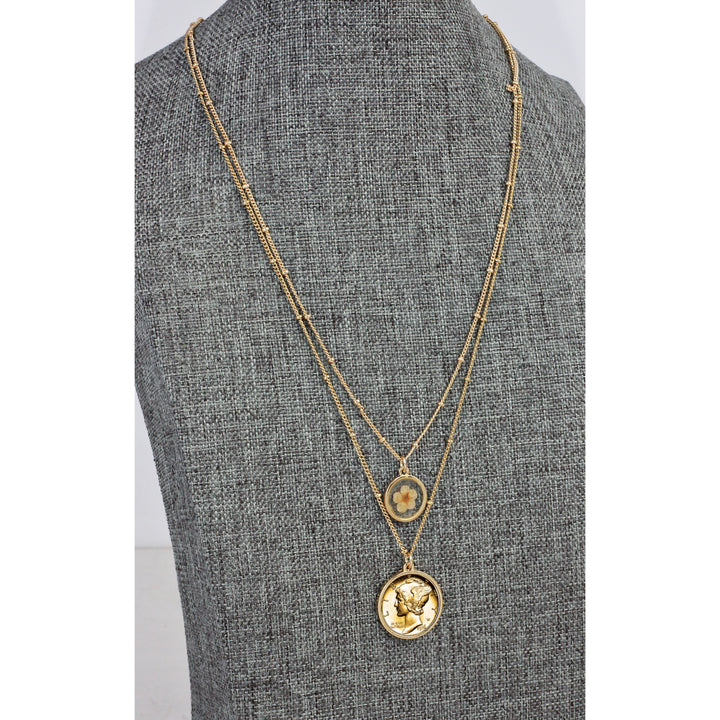 Gold Plated Mercury Dime Coin With Dry Flower Double Chain Necklace Image 2