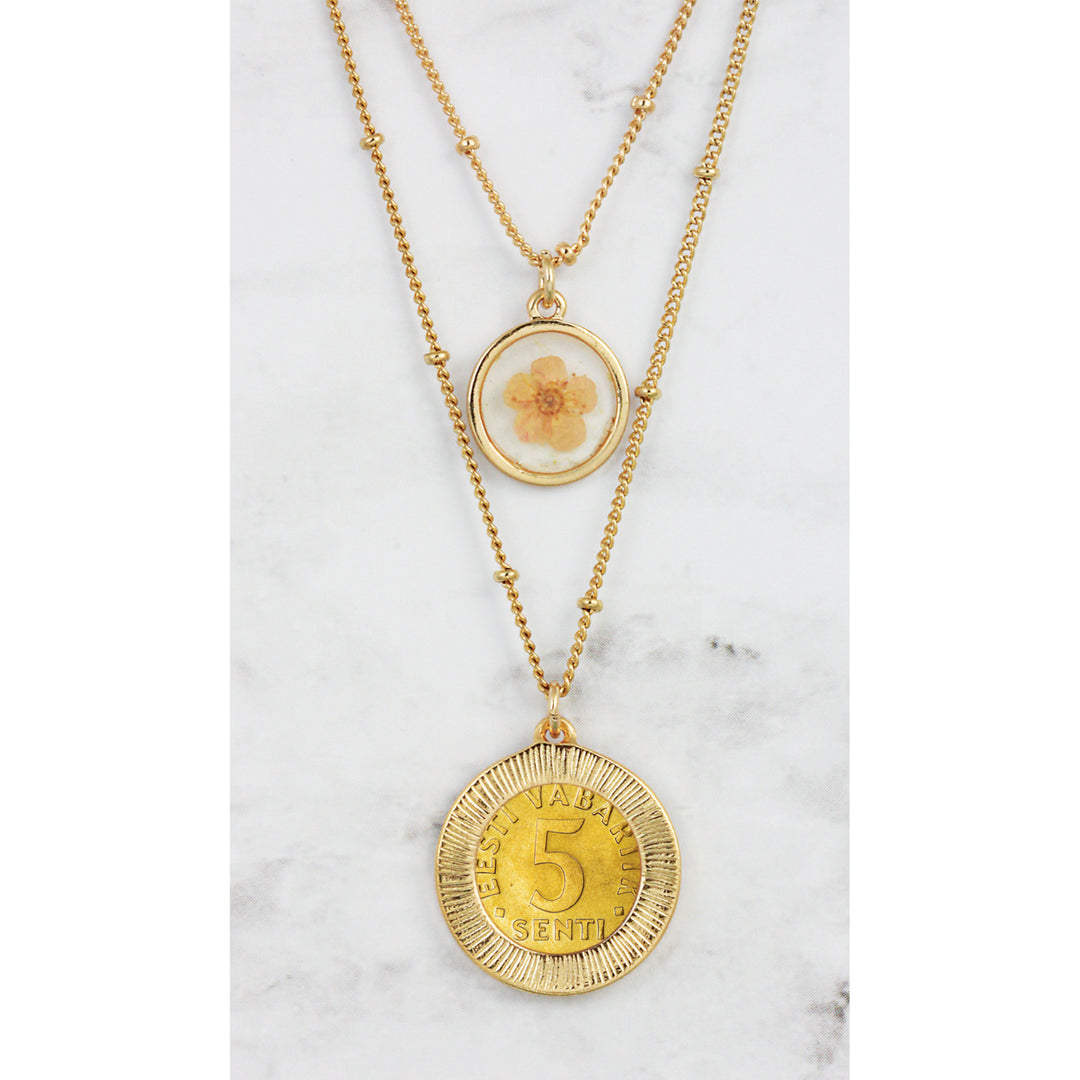 3 Lions Coin With Dry Flower Double Chain Necklace Image 3