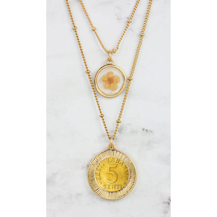 3 Lions Coin With Dry Flower Double Chain Necklace Image 3