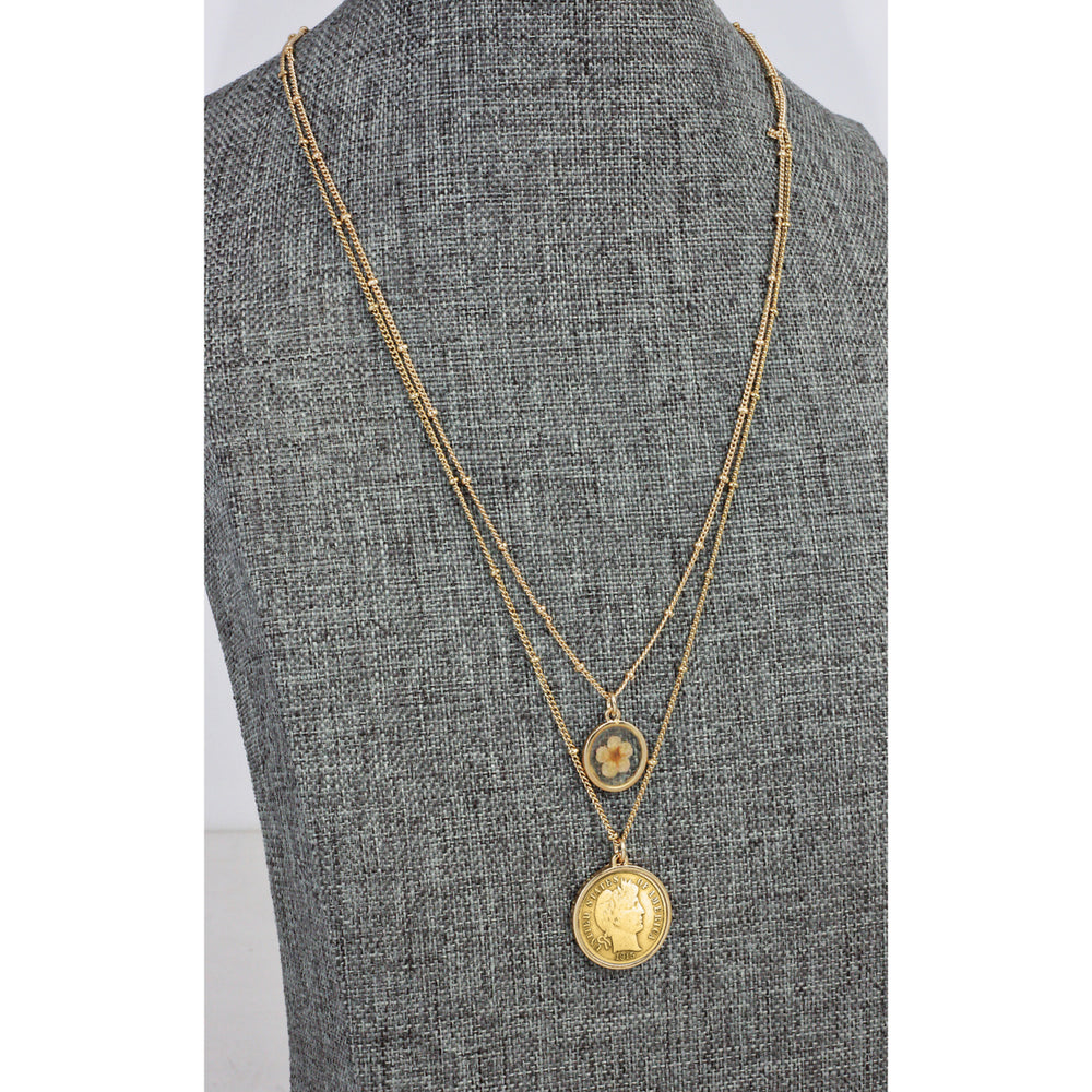 Gold Plated Barber Dime Coin With Dry Flower Double Chain Necklace Image 2