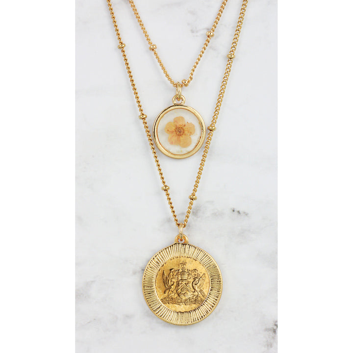 Gold Plated Hummingbird Coin With Dry Flower Double Chain Necklace Image 3