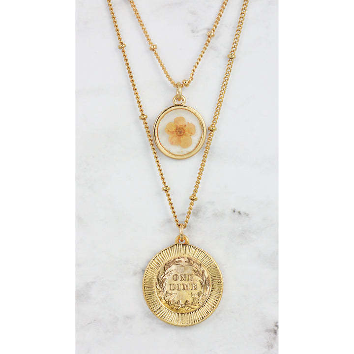 Gold Plated Barber Dime Coin With Dry Flower Double Chain Necklace Image 3