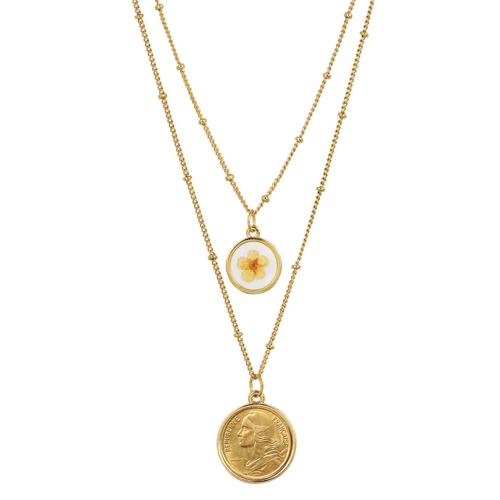 French Coin With Dry Flower Double Chain Necklace Image 1