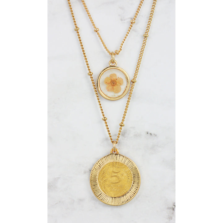 French Coin With Dry Flower Double Chain Necklace Image 3