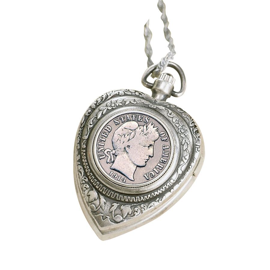 Silver Barber Dime Heart Watch Coin Pendant Image 1