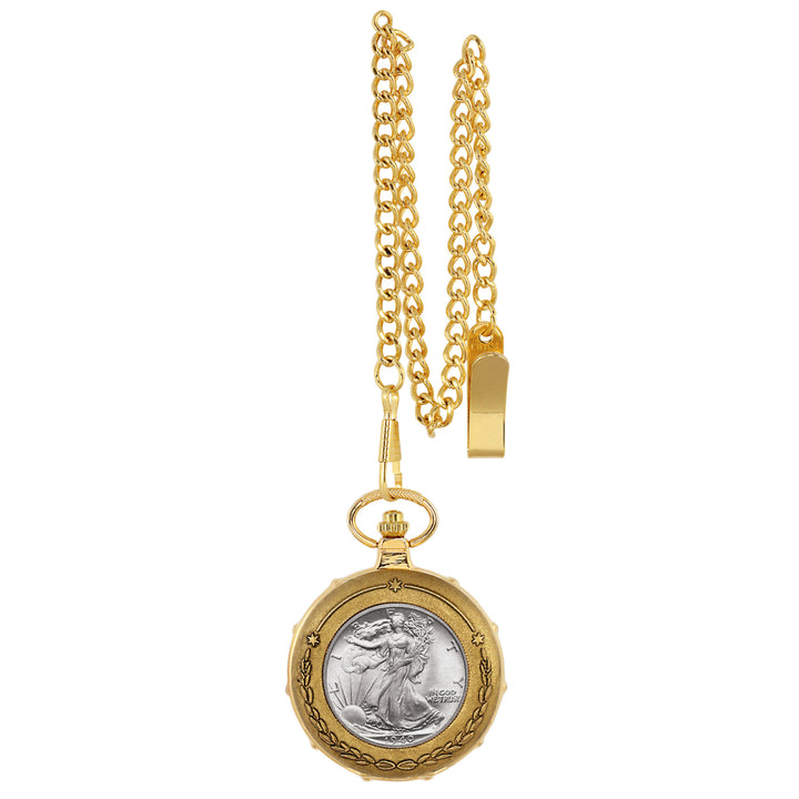 Silver Walking Liberty Half Dollar Goldtone Train Coin Pocket Watch with Skeleton Movement Image 1