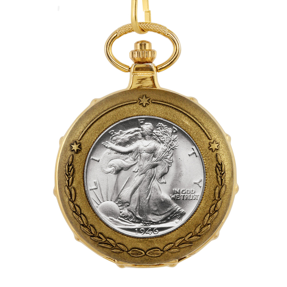 Silver Walking Liberty Half Dollar Goldtone Train Coin Pocket Watch with Skeleton Movement Image 2