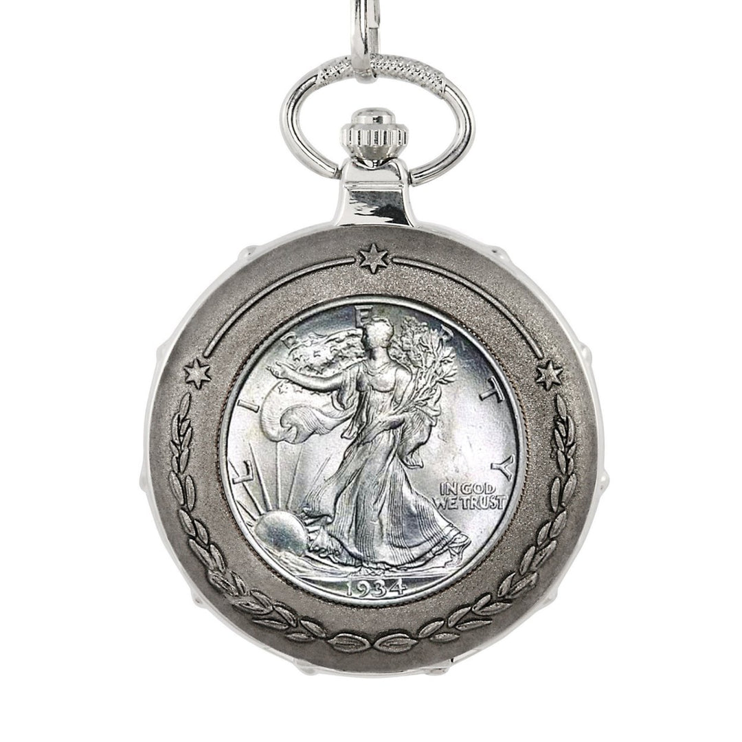 Silver Walking Liberty Half Dollar Silvertone Train Coin Pocket Watch Image 2