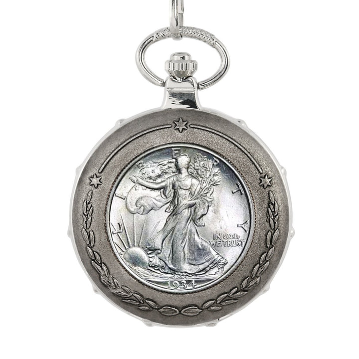 Silver Walking Liberty Half Dollar Silvertone Train Coin Pocket Watch Image 2