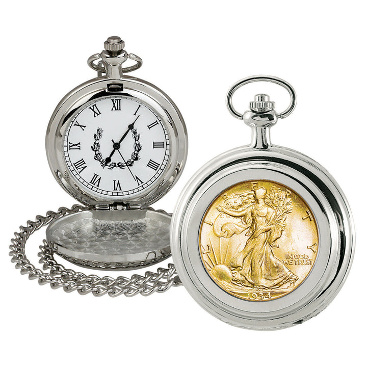 Gold-Layered Silver Walking Liberty Half Dollar Coin Pocket Watch Image 1