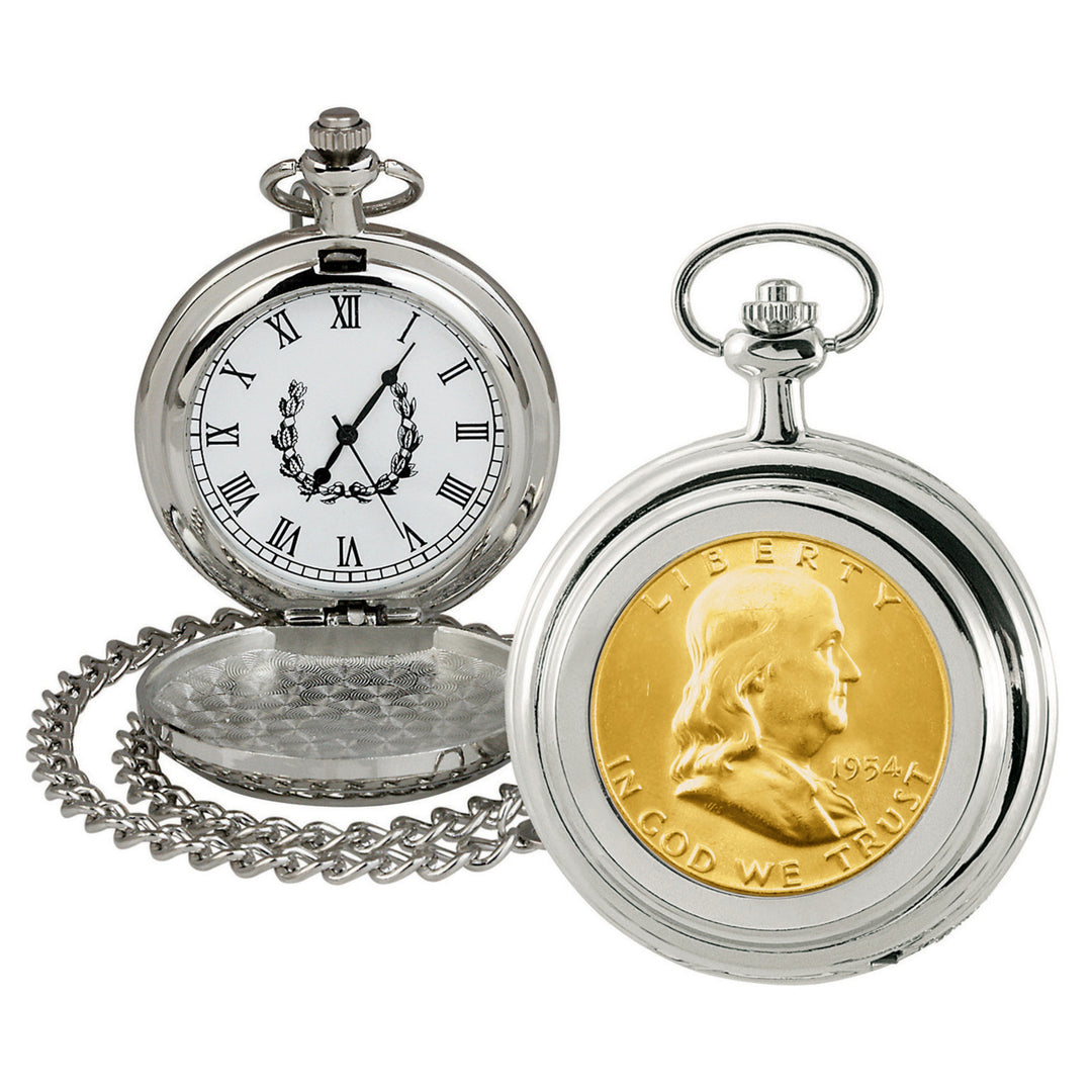 Gold-Layered Silver Franklin Half Dollar Coin Pocket Watch Image 1