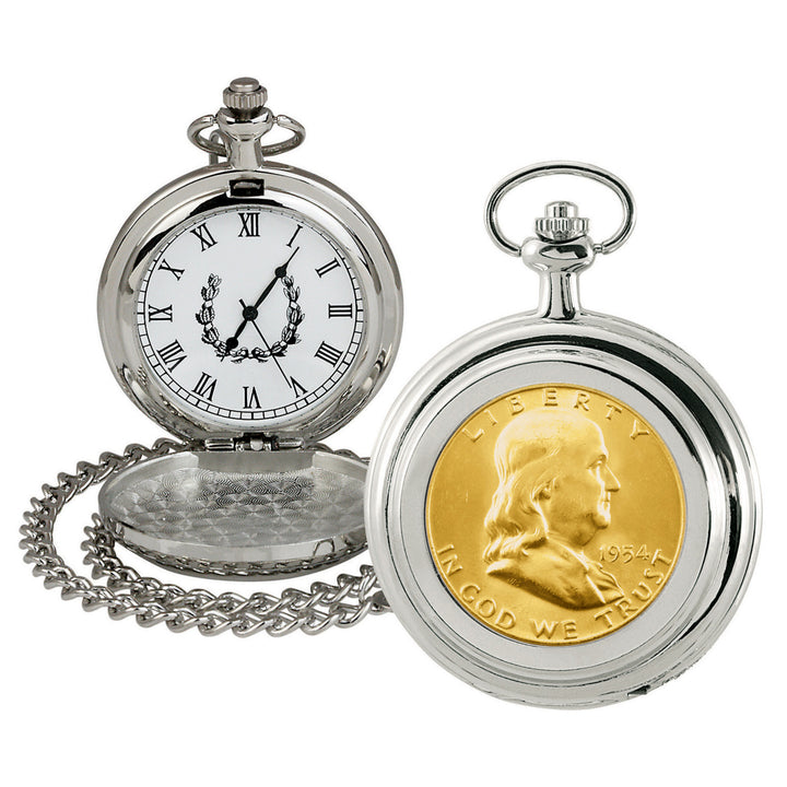 Gold-Layered Silver Franklin Half Dollar Coin Pocket Watch Image 1