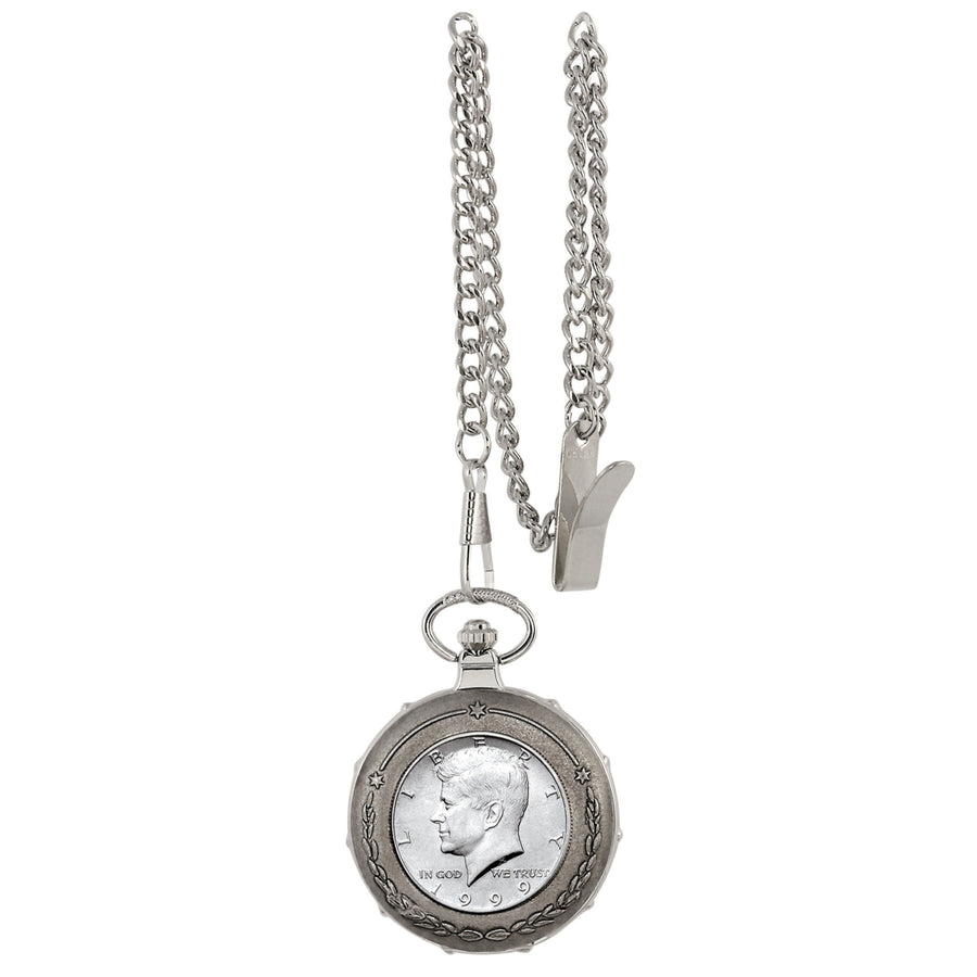 JFK Half Dollar Silvertone Train Coin Pocket Watch Image 1