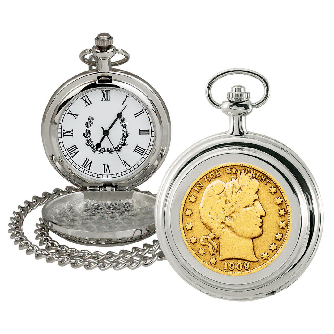 Gold-Layered Silver Barber Half Dollar Coin Pocket Watch Image 1