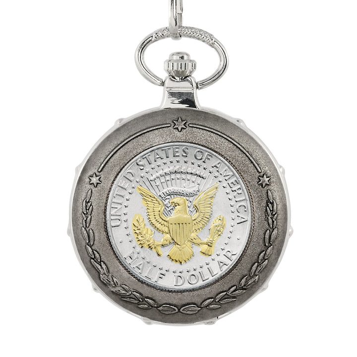 Selectively Gold-Layered Presidential Seal Half Dollar Silvertone Train Coin Pocket Watch Image 2