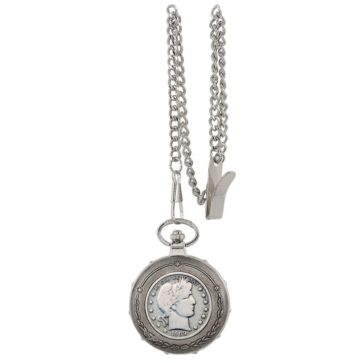 Silver Barber Half Dollar Silvertone Train Coin Pocket Watch Image 1