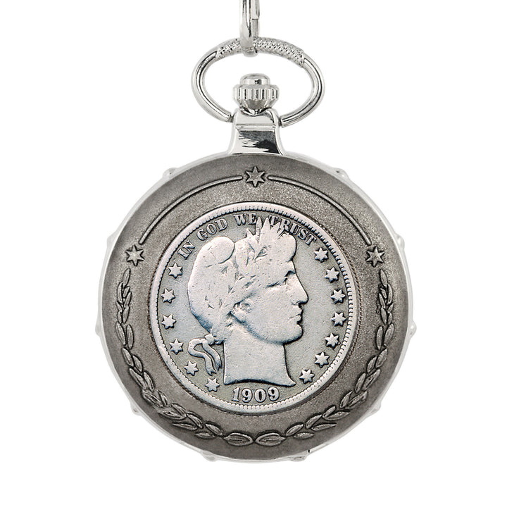 Silver Barber Half Dollar Silvertone Train Coin Pocket Watch Image 2