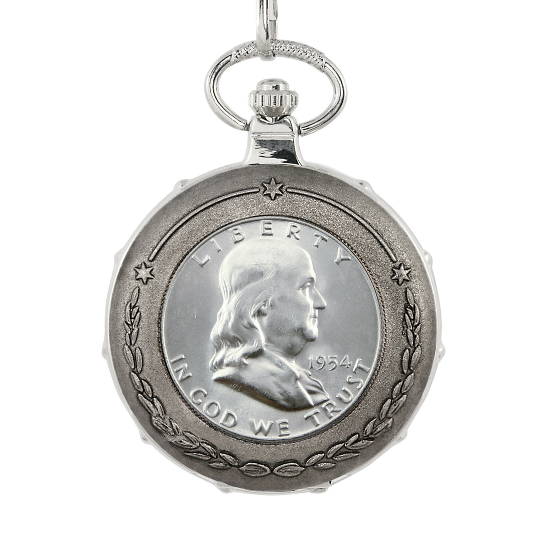 Silver Franklin Half Dollar Silvertone Train Coin Pocket Watch Image 2