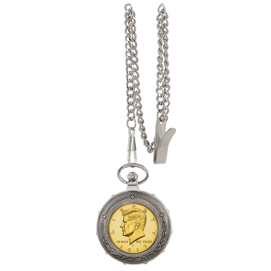 Gold-Layered JFK Half Dollar Silvertone Train Coin Pocket Watch Image 1