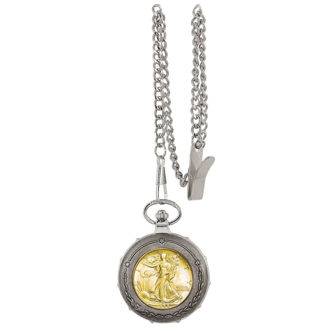 Gold-Layered Silver Walking Liberty Half Dollar Silvertone Train Coin Pocket Watch Image 1