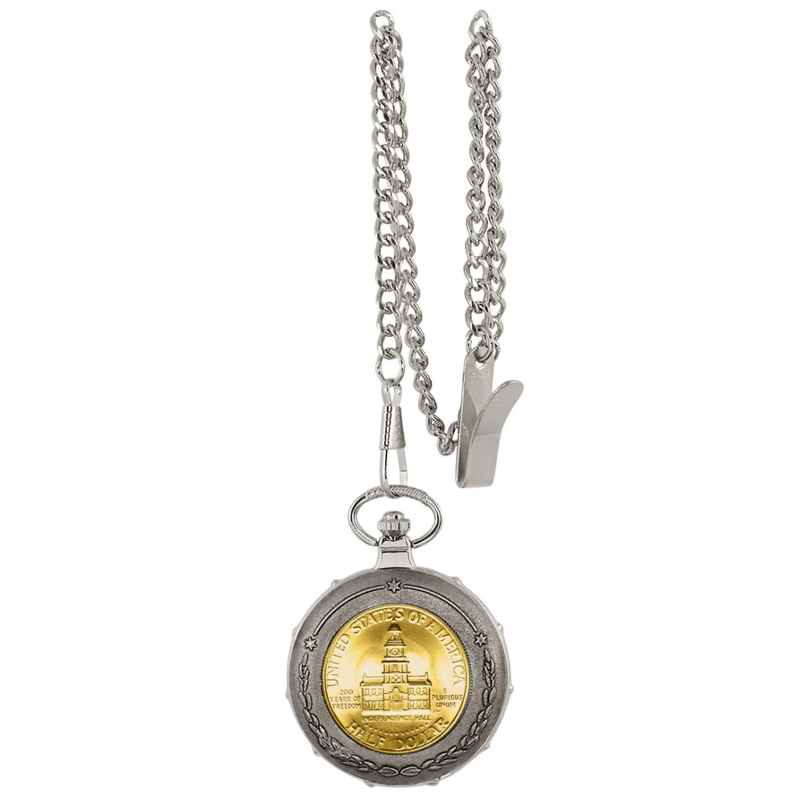Gold-Layered JFK Bicentennial Half Dollar Silvertone Train Coin Pocket Watch Image 1