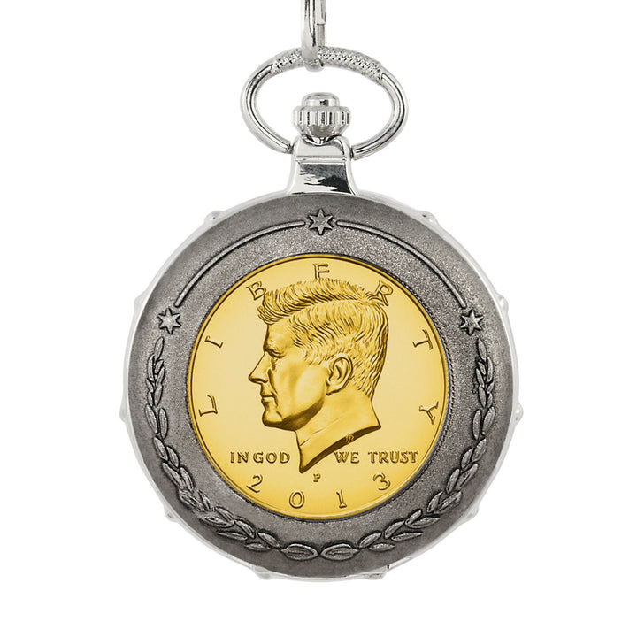 Gold-Layered JFK Half Dollar Silvertone Train Coin Pocket Watch Image 2