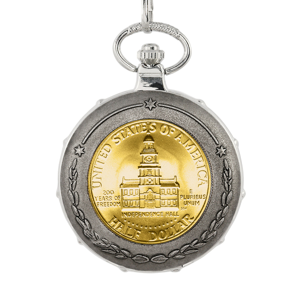Gold-Layered JFK Bicentennial Half Dollar Silvertone Train Coin Pocket Watch Image 2