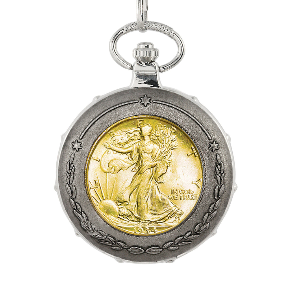 Gold-Layered Silver Walking Liberty Half Dollar Silvertone Train Coin Pocket Watch Image 2