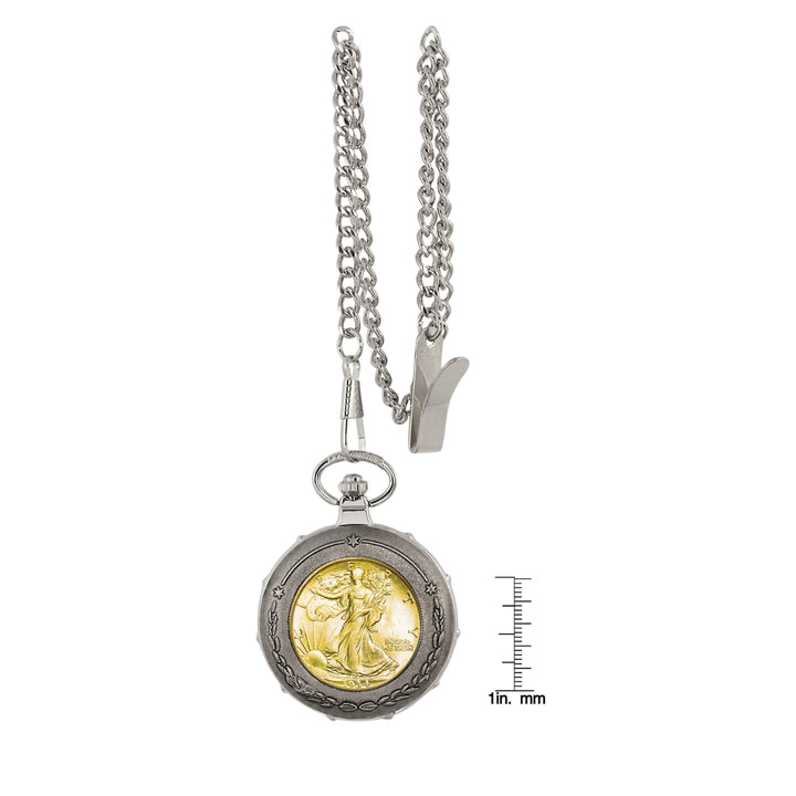 Gold-Layered Silver Walking Liberty Half Dollar Silvertone Train Coin Pocket Watch Image 4