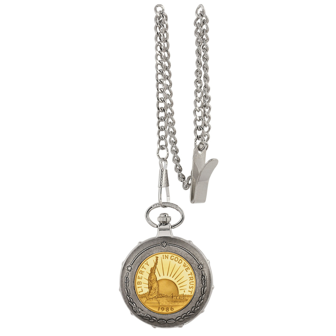 Gold-Layered Statue of Liberty Commemorative Half Dollar Silvertone Train Coin Pocket Watch Image 1