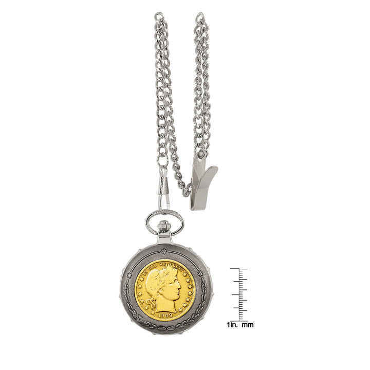 Gold-Layered Silver Barber Half Dollar Silvertone Train Coin Pocket Watch Image 4