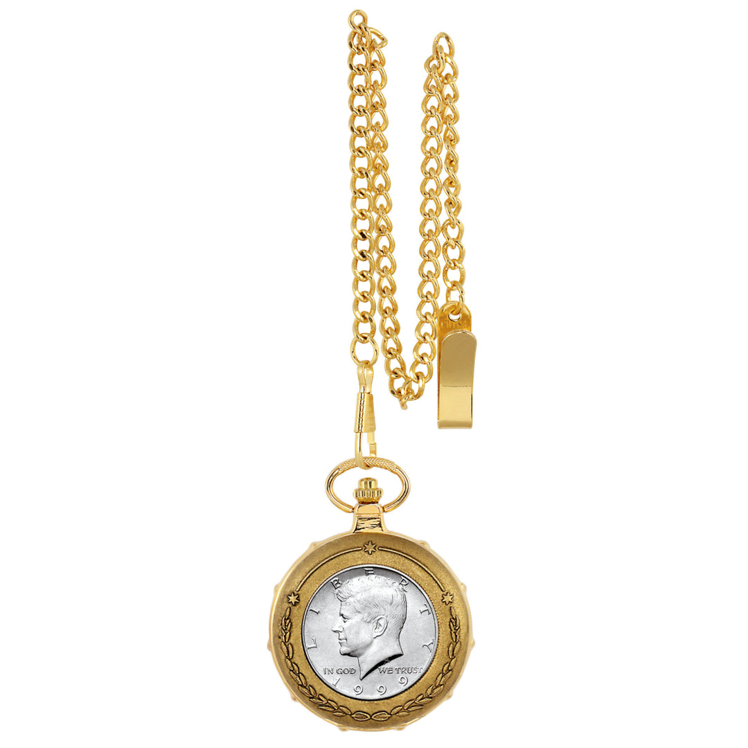 JFK Half Dollar Goldtone Train Coin Pocket Watch with Skeleton Movement Image 1