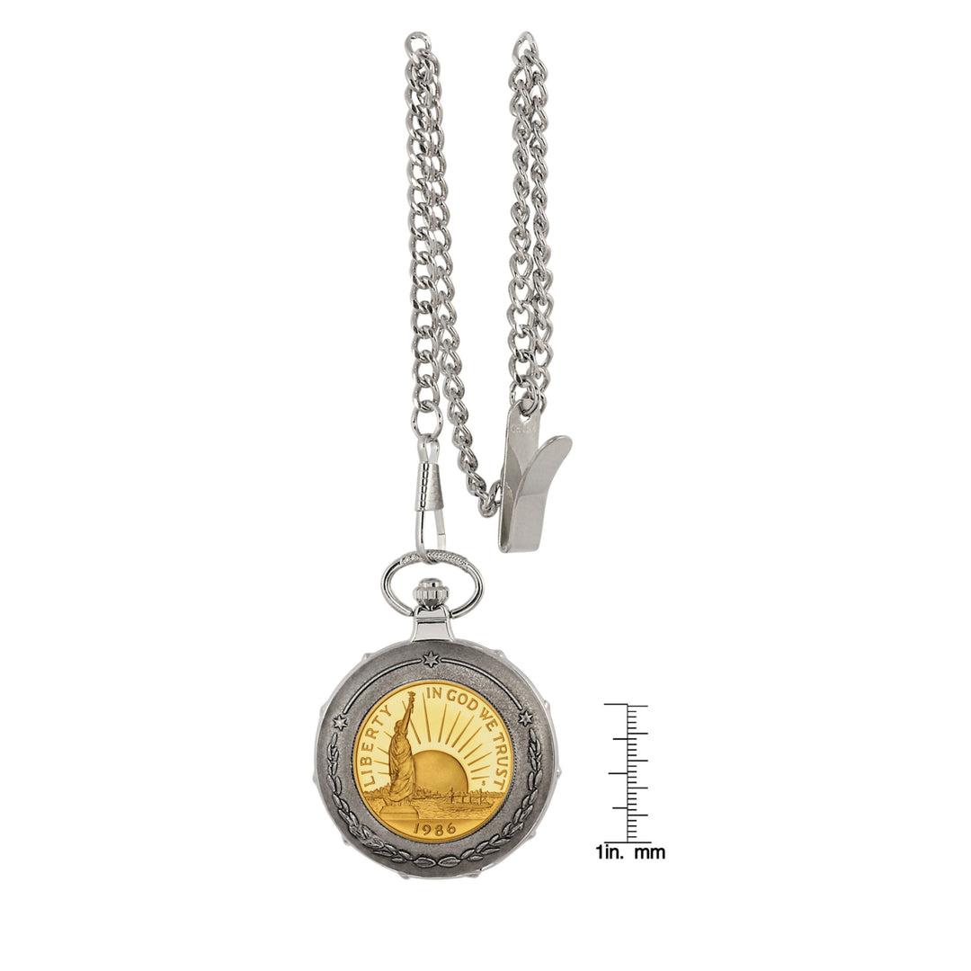 Gold-Layered Statue of Liberty Commemorative Half Dollar Silvertone Train Coin Pocket Watch Image 4