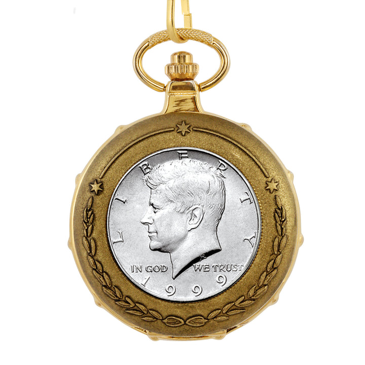 JFK Half Dollar Goldtone Train Coin Pocket Watch with Skeleton Movement Image 2