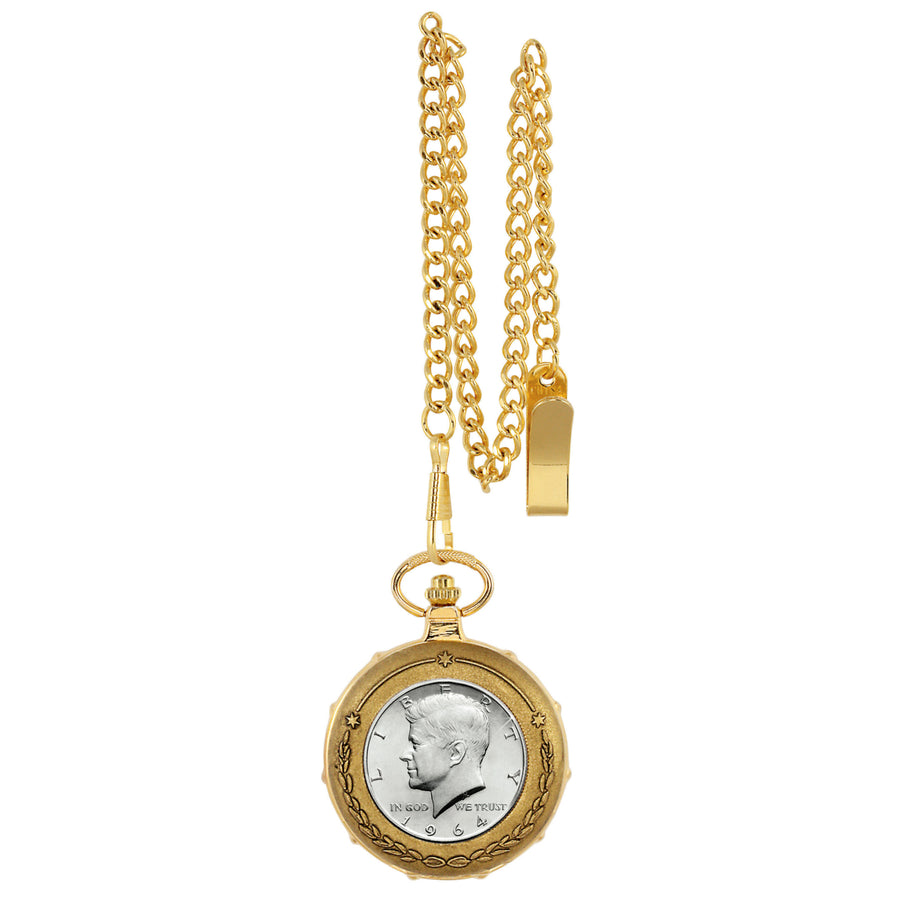 JFK 1964 First Year of Issue Half Dollar Goldtone Train Coin Pocket Watch with Skeleton Movement Image 1