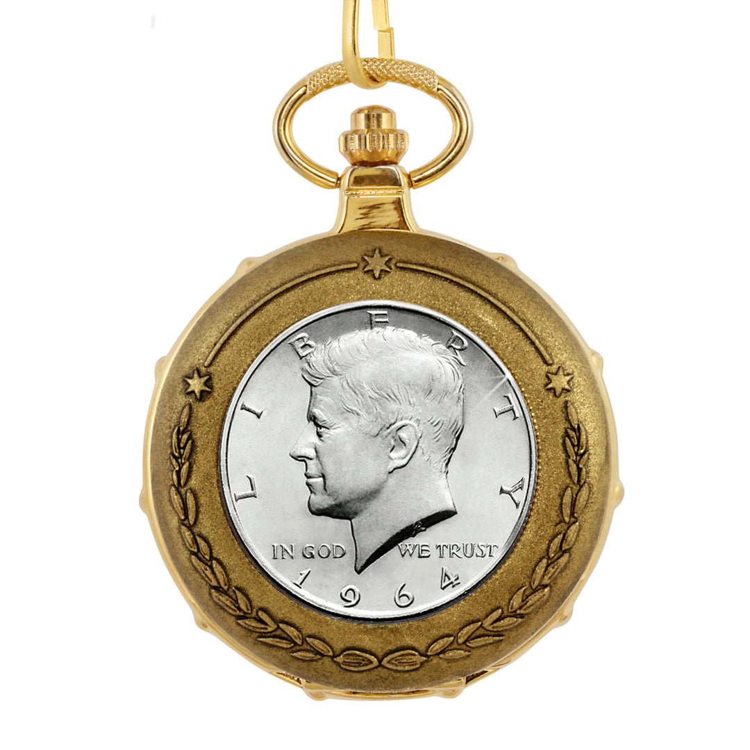 JFK 1964 First Year of Issue Half Dollar Goldtone Train Coin Pocket Watch with Skeleton Movement Image 2