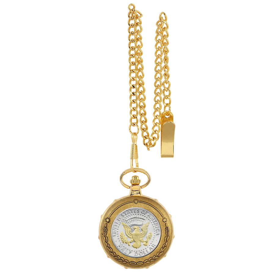 Selectively Gold-Layered Presidential Seal Half Dollar Goldtone Train Coin Pocket Watch with Skeleton Movement Image 1