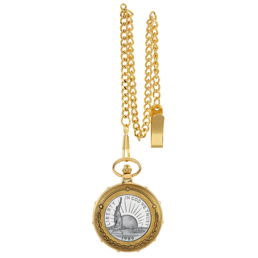 Statue of Liberty Commemorative Half Dollar Goldtone Train Coin Pocket Watch with Skeleton Movement Image 1