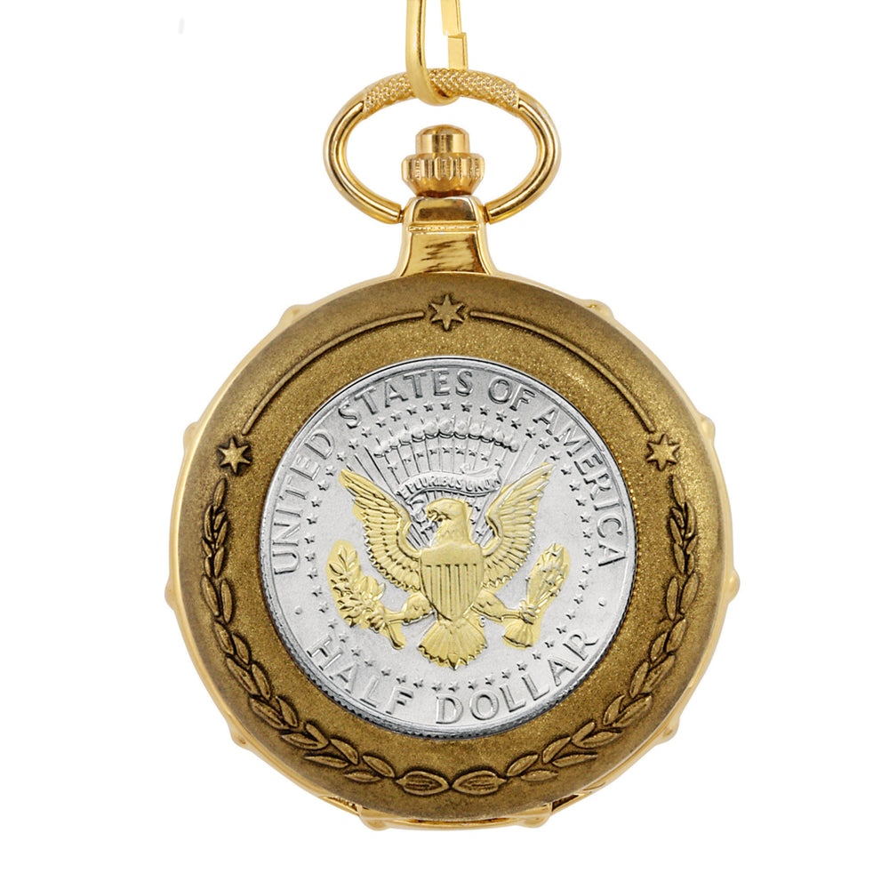 Selectively Gold-Layered Presidential Seal Half Dollar Goldtone Train Coin Pocket Watch with Skeleton Movement Image 2