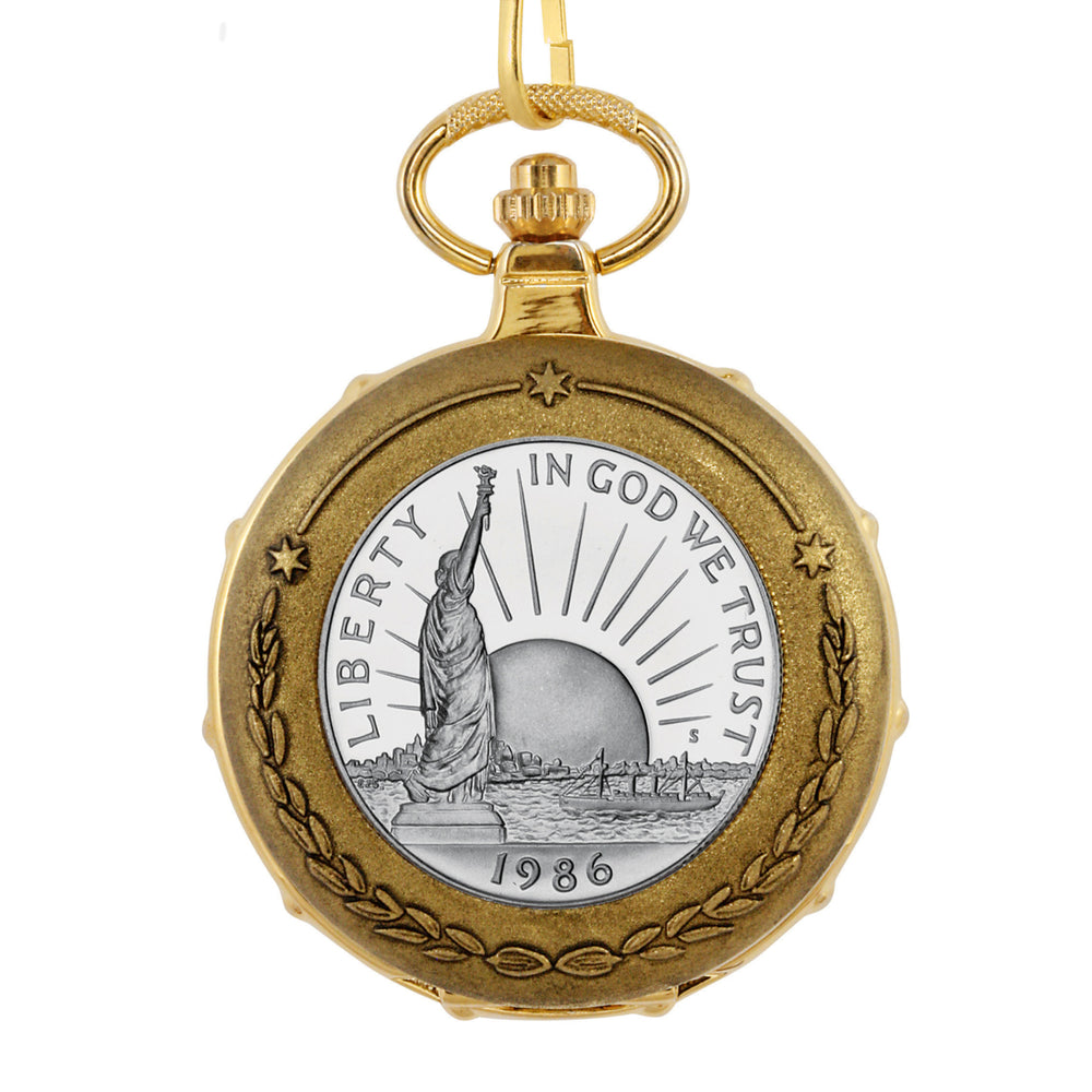 Statue of Liberty Commemorative Half Dollar Goldtone Train Coin Pocket Watch with Skeleton Movement Image 2