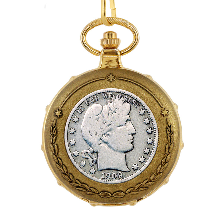 Silver Barber Half Dollar Goldtone Train Coin Pocket Watch with Skeleton Movement Image 2