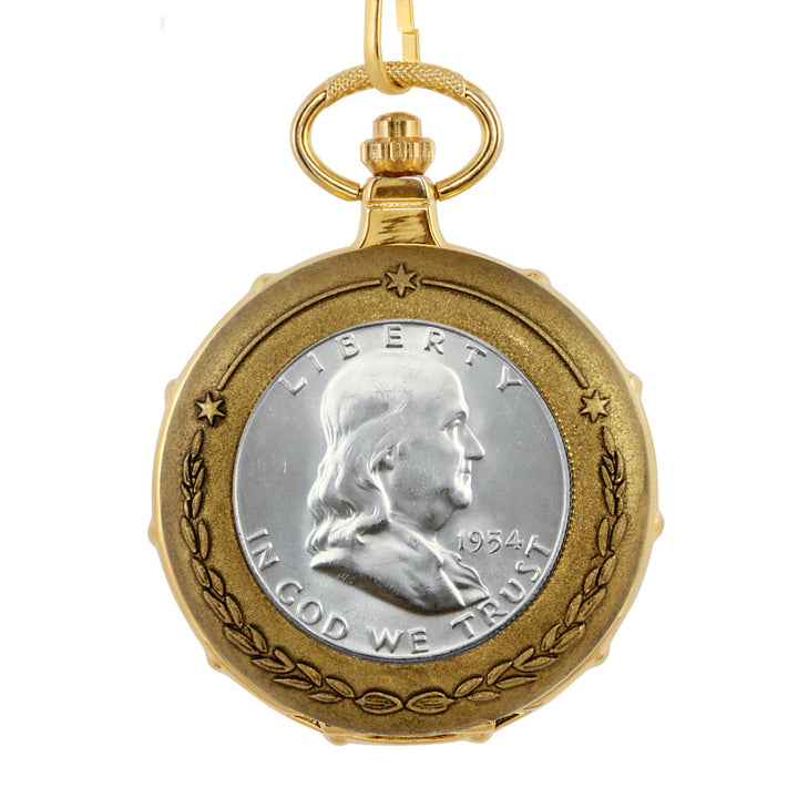 Silver Franklin Half Dollar Goldtone Train Coin Pocket Watch with Skeleton Movement Image 2