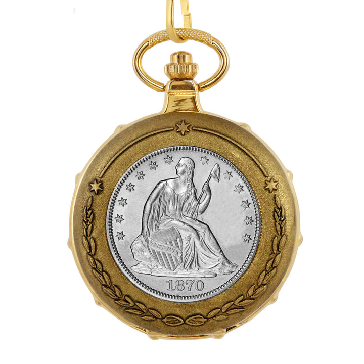 Silver Seated Liberty Half Dollar Goldtone Train Coin Pocket Watch with Skeleton Movement Image 2