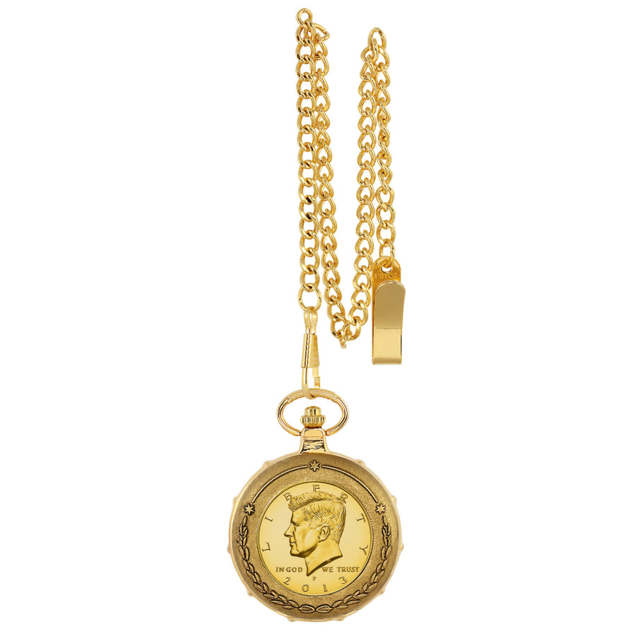 Gold-Layered JFK Half Dollar Goldtone Train Coin Pocket Watch with Skeleton Movement Image 1