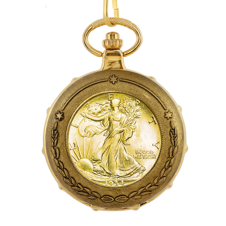 Gold-Layered Silver Walking Liberty Half Dollar Goldtone Train Coin Pocket Watch with Skeleton Movement Image 2