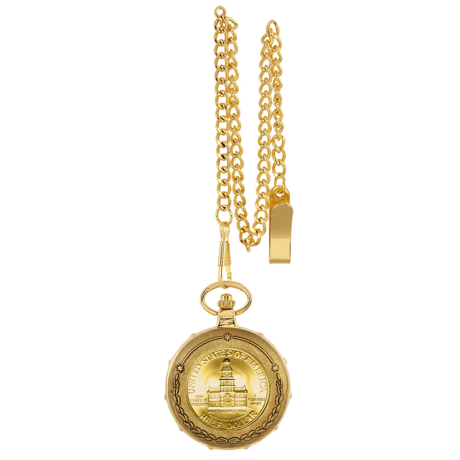 Gold-Layered JFK Bicentennial Half Dollar Goldtone Train Coin Pocket Watch with Skeleton Movement Image 1