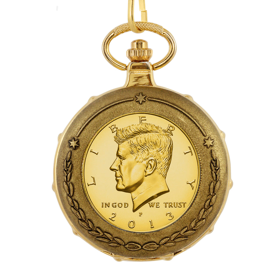 Gold-Layered JFK Half Dollar Goldtone Train Coin Pocket Watch with Skeleton Movement Image 2